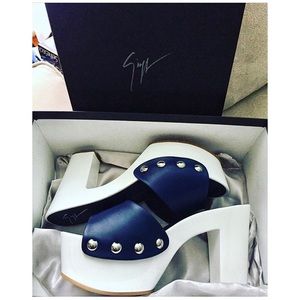 Giuseppe Zanotti Navy Blue and White. Gladis Leather Clog Platform Sandals